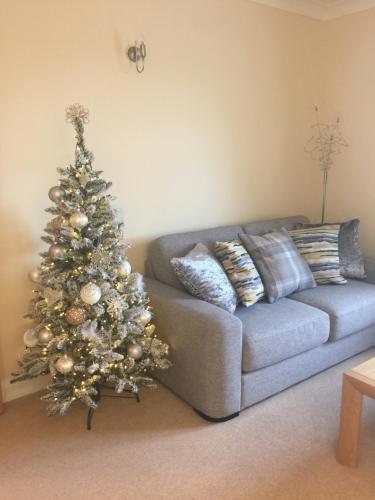 a christmas tree in a living room with a couch at Millwalk Apartment in Witney