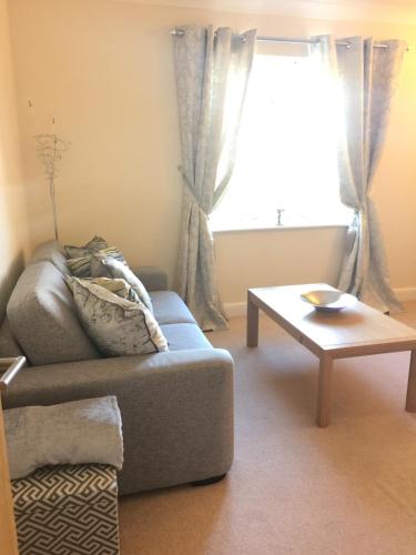 a living room with a couch and a window at Millwalk Apartment in Witney