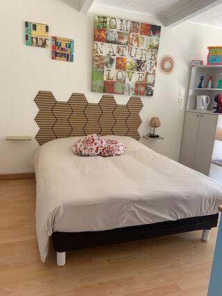 a bedroom with a bed with a pillow on it at Studio indépendant avec terrasse et jardin au calme chez Pascale in Saint-Clément-de-Rivière