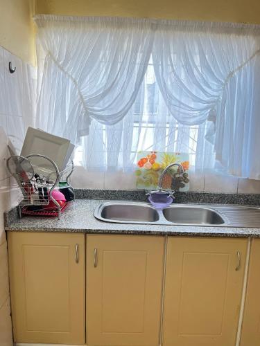 a kitchen counter with two sinks and a window at Phumula Home in Mbabane