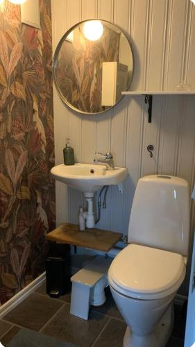 a bathroom with a toilet and a sink and a mirror at Ateljé Sjögatan in Gränna