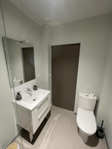 a white bathroom with a toilet and a sink at Studio charmant avec terrasse privée in Oradour-sur-Glane