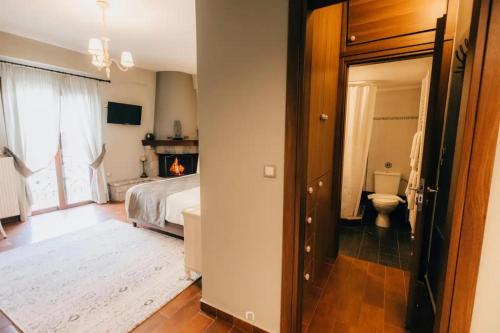 a bedroom with a bed and a toilet and a fireplace at MARON ΙΙ με τζάκι in Kalavrita