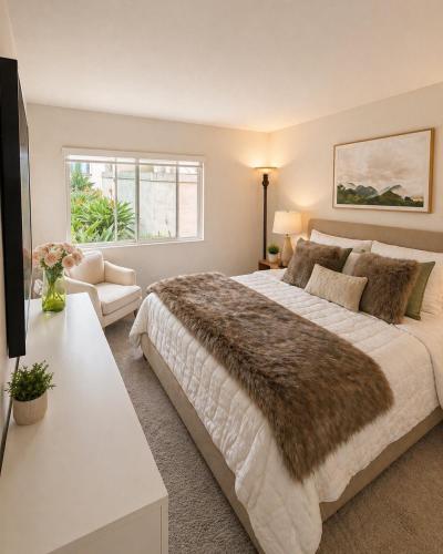 a bedroom with a large bed and a window at Beach Condo in Dana Point