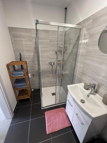 a bathroom with a shower and a sink at Apartma OLJKA in Črniče