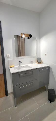 a bathroom with a sink and a mirror at Loveroom in Lavoux