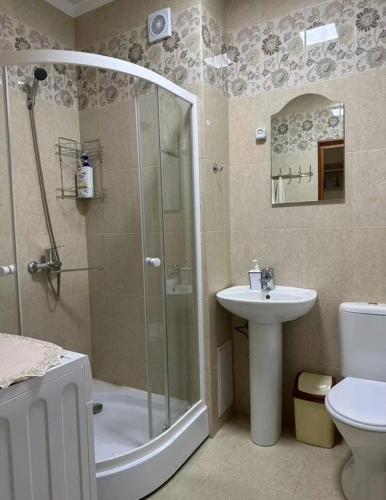 a bathroom with a shower and a toilet and a sink at Радуга in Chon-Sary-Oy