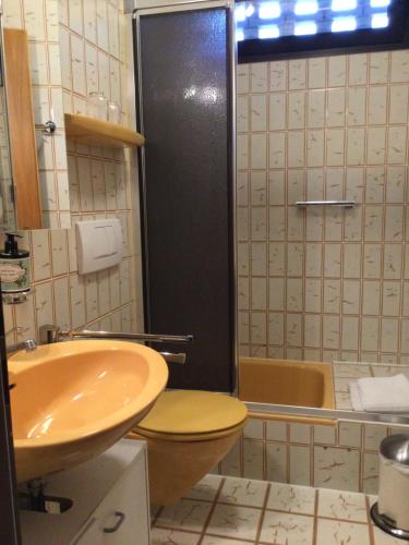 a bathroom with a sink and a toilet and a shower at Fewo Amber in Heimbach