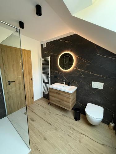 a bathroom with a sink and a toilet at Apartma Luvita in Golnik