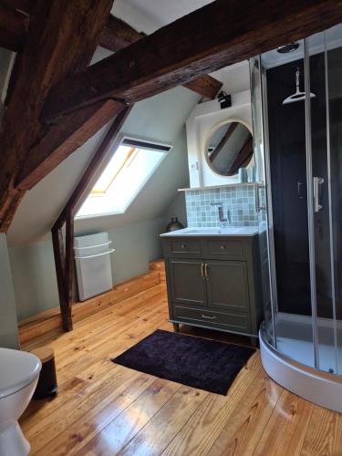 a bathroom with a shower and a sink and a toilet at Le figuier in Benayes