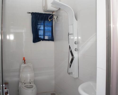 a bathroom with a toilet and a shower and a sink at Isuki apartment in Benin City