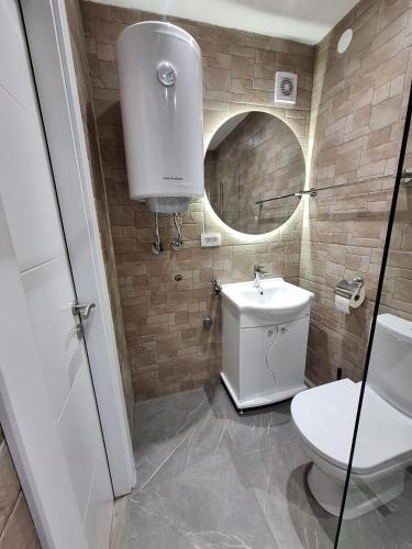 a bathroom with a toilet and a sink and a mirror at Stan na dan Berane in Berane