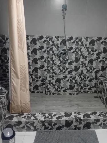 a shower in a room with a patterned wall at Le havre de paix in Marrakesh