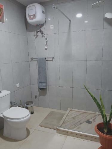 a bathroom with a toilet and a shower stall at Vivenda Carlos Daniel in Espargos