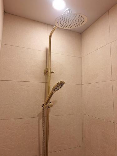 a shower with a shower head in a bathroom at Sunny Hills Cottage in Cornamona