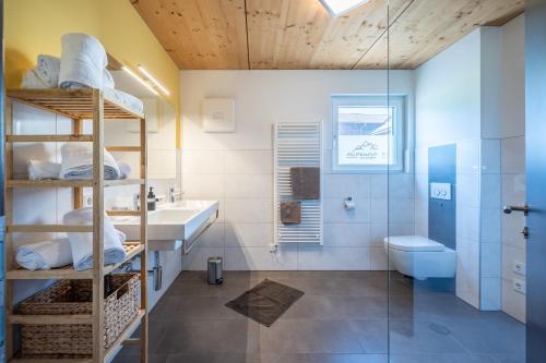 a bathroom with a sink and a toilet and a shower at Alpenapart Singer - contactless check-in in Reutte