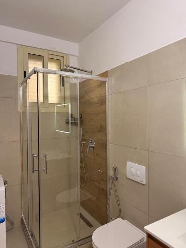 a bathroom with a glass shower with a toilet at Blendi Guest House in Golem