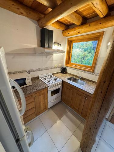 a kitchen with a stove and a sink and a window at Apart Hotel del Pellin in San Martín de los Andes