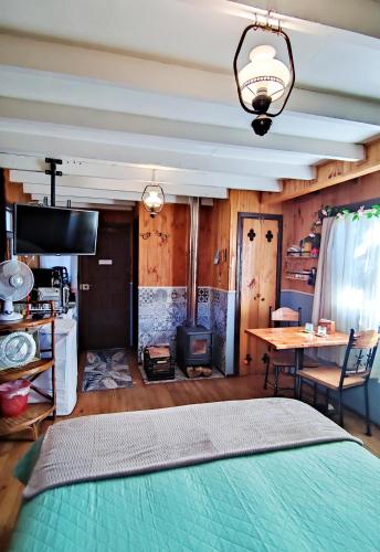 a bedroom with a bed and a table and a stove at Victoria Cabin in Victoria
