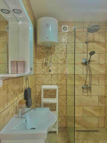 a bathroom with a sink and a shower at Prenoćište SILVER LUX Srebrno Jezero in Veliko Gradište
