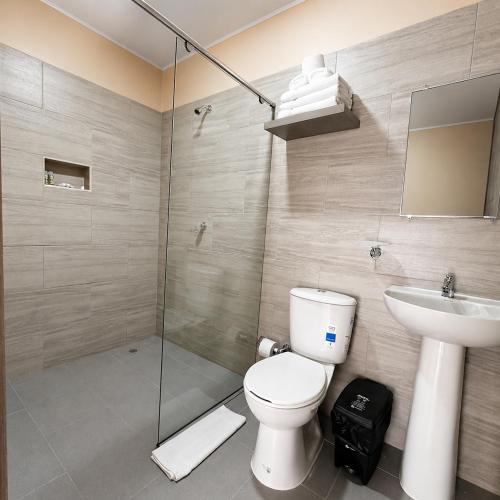 a bathroom with a toilet and a sink and a shower at Hotel Campestre Villa Ocha in Valledupar