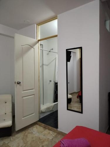 a bedroom with a white door and a mirror at Matryoshka in Ica