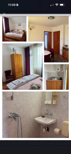 a collage of photos of a bedroom and a bathroom at Семейна къща Боеви in Pomorie
