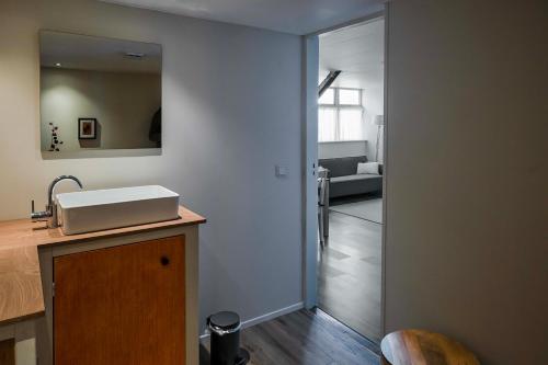 a kitchen with a sink and a mirror at De Parel van Pekel in Nieuwe Pekela