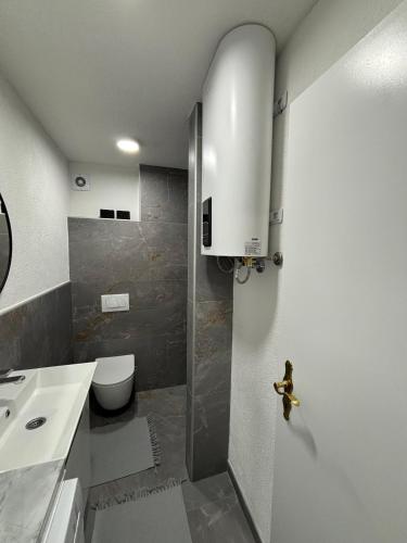 a bathroom with a shower and a toilet and a sink at Apartman Ljiljan in Sanski most