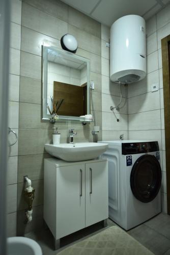 a bathroom with a sink and a washing machine at Apartman Valentina Aqua Park in Jagodina