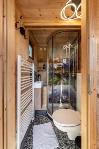 a bathroom with a glass shower and a toilet at Tiny House Singer - contactless check-in - Sauna in Ehenbichl