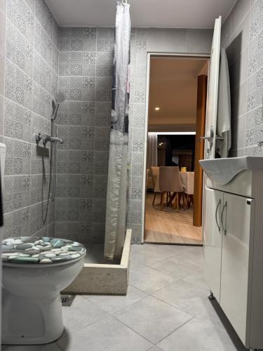 a bathroom with a toilet and a shower at Mille in Igalo