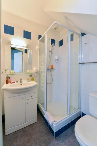 a bathroom with a shower and a sink at Cristal Hôtel Restaurant - Logis Hotels in Saumur