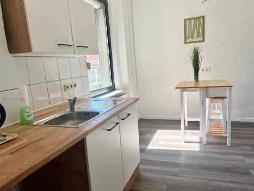 a kitchen with a sink and a table at Green Loft - Haus der Natur in Spiesen-Elversberg