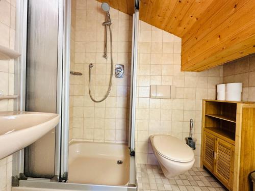 a bathroom with a shower and a toilet and a sink at Ferienwohnung Beim Raffner, Bergblick, Natur, Ruhpolding in Ruhpolding