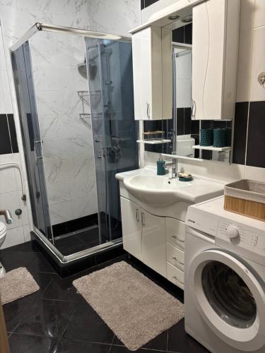 a bathroom with a shower sink and a washing machine at Apartman Casa di Tasa in Veliko Gradište