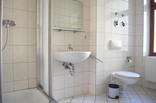 a bathroom with a sink and a toilet and a shower at Grosses Zimmer im Zentrum Elise , ruhig & gemuetlich in Chemnitz