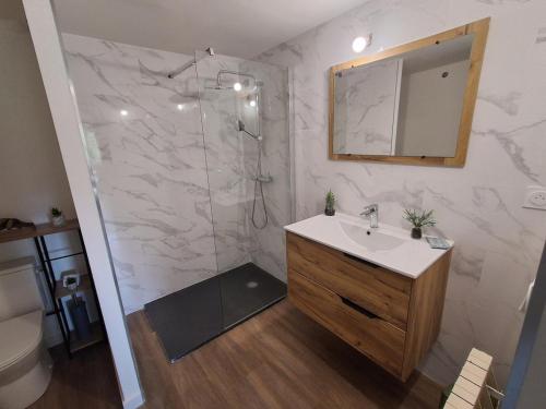 a bathroom with a shower and a sink and a mirror at The Cévennes break in Anduze