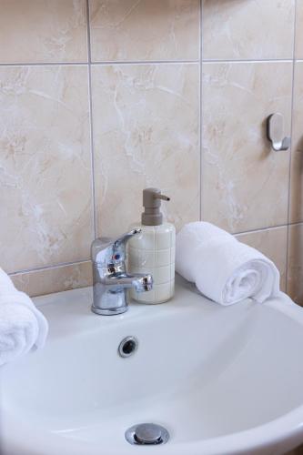 a bathroom sink with a soap dispenser on it at Electras house in Kassandra