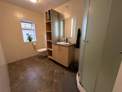 a bathroom with a sink and a toilet and a mirror at Hrutafell Guesthouse in Hvolsvöllur
