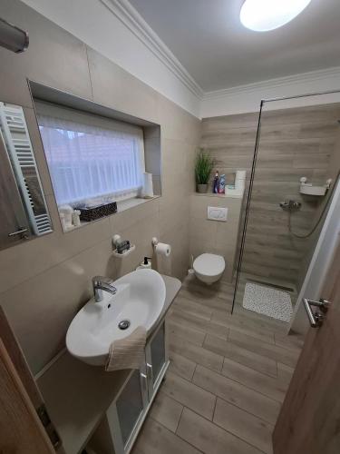 a bathroom with a sink and a shower and a toilet at Kincsem Vendégház in Tiszakécske