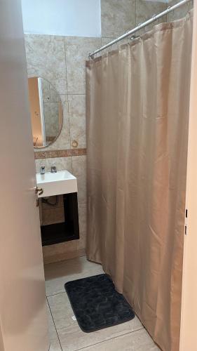 a bathroom with a shower with a sink and a mirror at La Pampa Apartment in General Roca