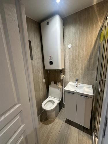 a small bathroom with a toilet and a sink at Maison Individuelle in Aulnay-sous-Bois