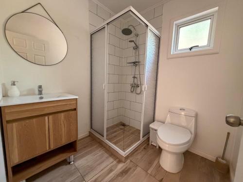a bathroom with a shower and a toilet and a sink at Arriendo casa Caburgua Pucón in Caburgua