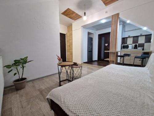 a bedroom with a bed and a table with a plant at Dixi Studio in Timişoara
