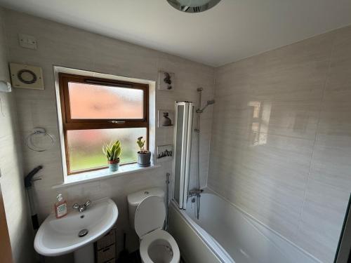 a bathroom with a sink and a toilet and a window at Relax In Belfast in Belfast
