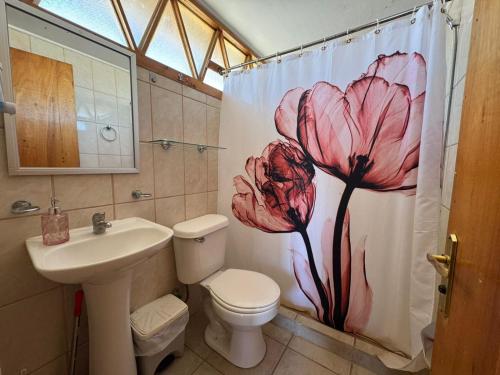 a bathroom with a toilet and a shower curtain with a flower at Pan de Azúcar Lodge in Ciudad de Chañaral