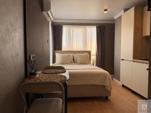 a bedroom with a large bed and a window at RentHouse Apartments Panoramic-Airport-Studio in Chişinău