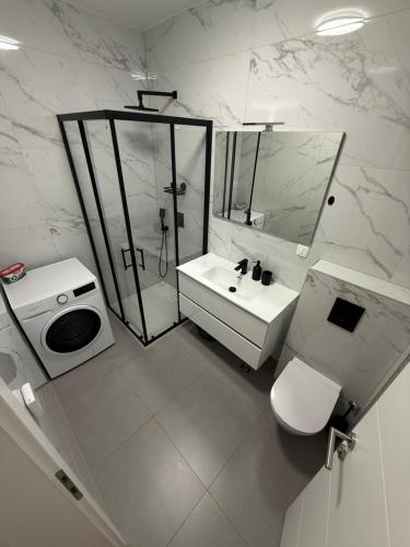a bathroom with a shower toilet and a sink at Apartman Royal in Posušje