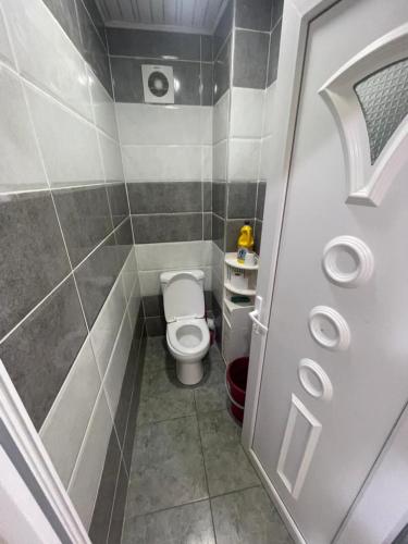 a small bathroom with a toilet and a shower at Béjaïa 7 Jolis grands Apparts F3-F2 49-69e in Bejaïa